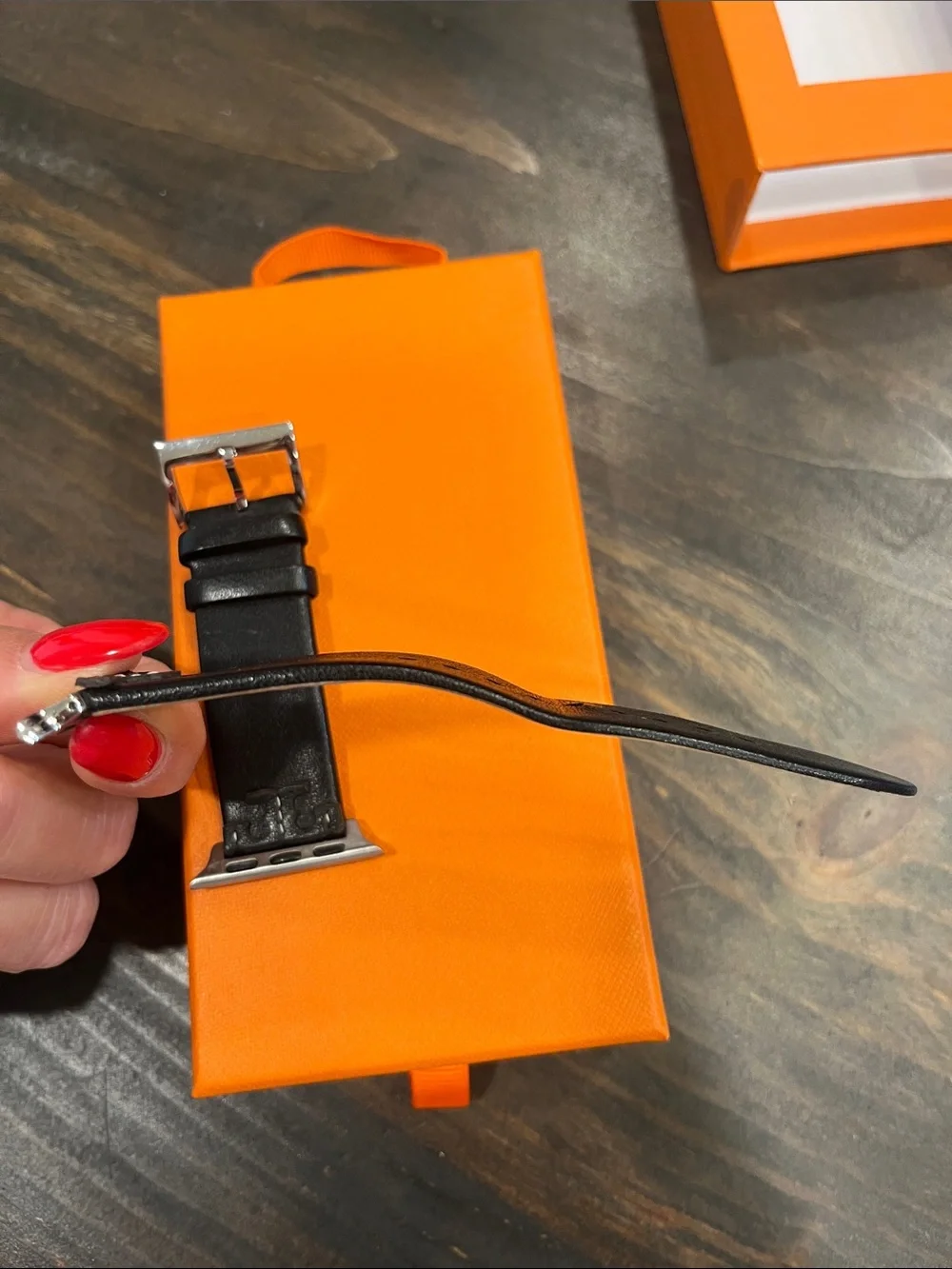 Tory Burch Black Leather Apple Watch Band with Silver Hardware